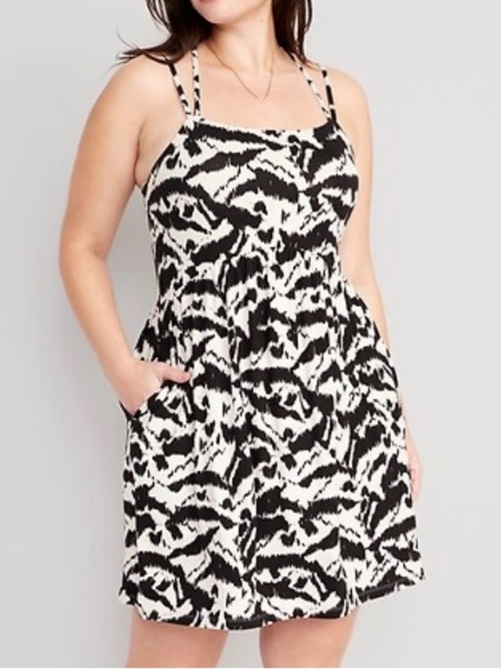 Old Navy Fit & Flare Printed Crinkled Smocked Mini Dress